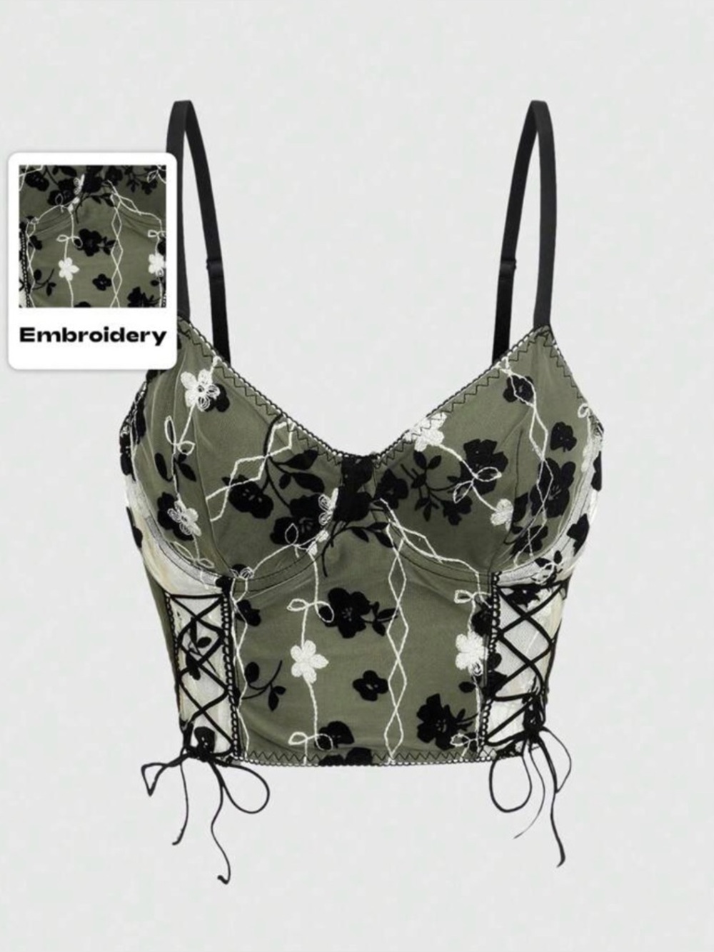 ROMWE Fairycore Green/Black Floral Embroidery Lace Up Cami Top size Large